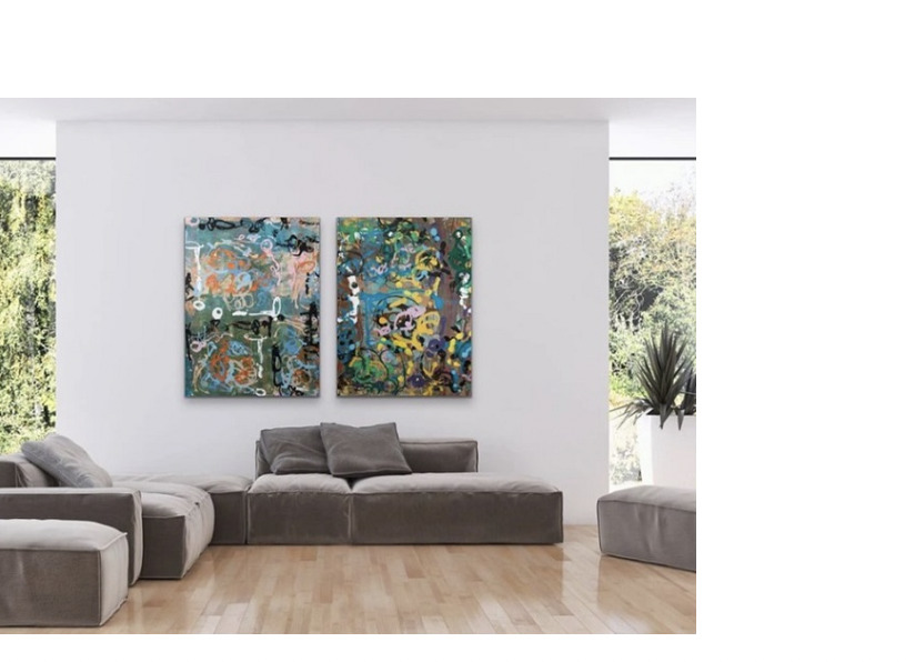 A two-panel painting installed side-by-side above a grey sectional sofa in a sunlit living room.